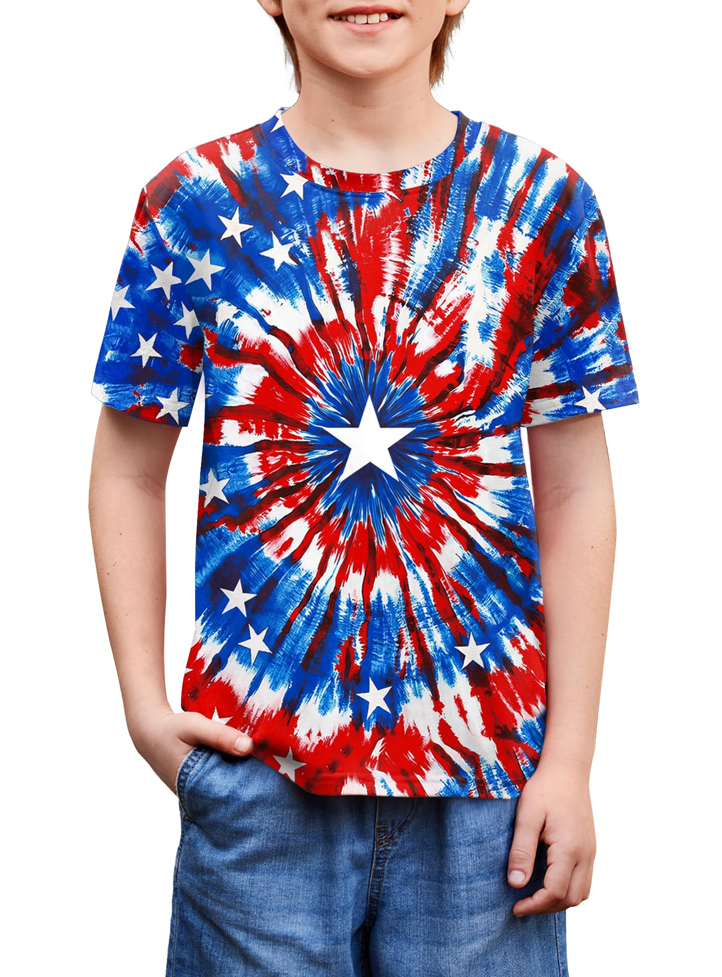 BesserBay Unisex Kids 4th of July American Flag Tee Tie Dye Patriotic Short Sleeve Shirt 6-14 Years