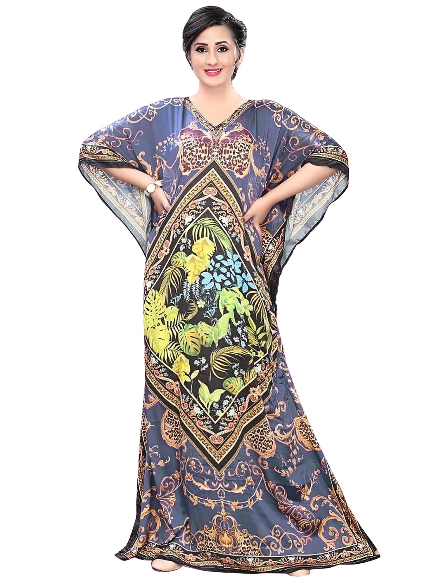 exotic india Montana Grape Printed Satin Long Kaftan with Stone Work on Neck Resort Wear & Casual Fashion for Women's-picture-8