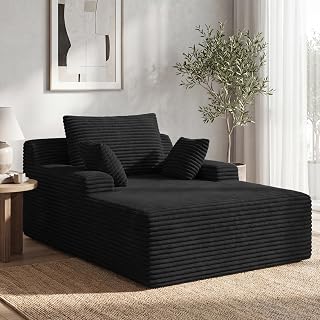 Boneless Corduroy Cloud Couch, Oversized Chaise Lounge Chair Indoor with 2 Soft Pillows, Deep Seat Sleeper Couch Reading Chairs, Comfy Sofa Bed for Living Room, Bedroom, Non-Assembly Black