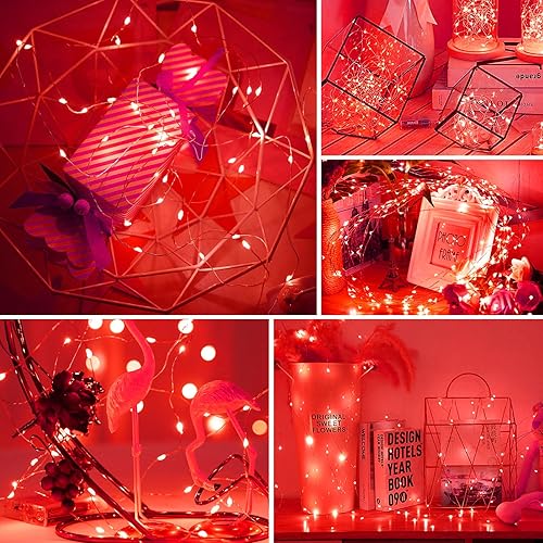 Miniatura 7 de echosari Paquete de 2 guirnaldas de luces rojas que funcionan con pilas, 200 luces LED de 66 pies, alambre plateado, con temporizador automático, 8