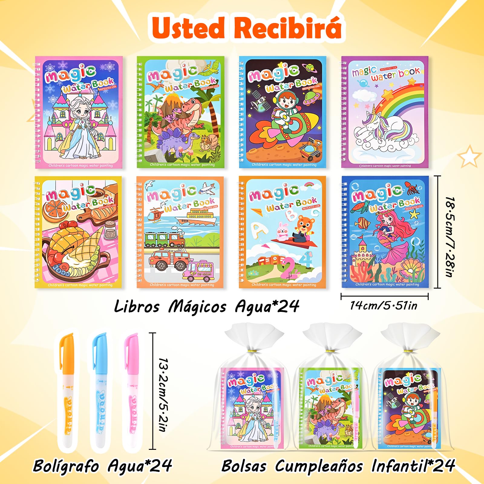 GOLDGE Libros Mágicos Agua 24 Pack, Regalos Cumpleaños Niños Colegio Reutilizable - Detalles Cumpleaños Niños con Bolsas Cumpleaños Infantil para Fiesta, Kit Manualidades Niños 3~9 Años, Party Favor