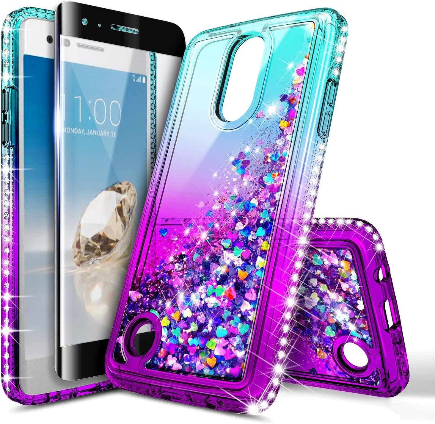 NageBee LG Rebel 4 LTE Case, Aristo 3+ Plus/Aristo 3/Aristo 2/Aristo 2 Plus/Tribute Dynasty/Empire/Zone 4/Phoenix 4/Fortune 2/Risio 3/Rebel 3/K8+/K8S w/Screen Protector, Glitter Liquid Case -Aqua