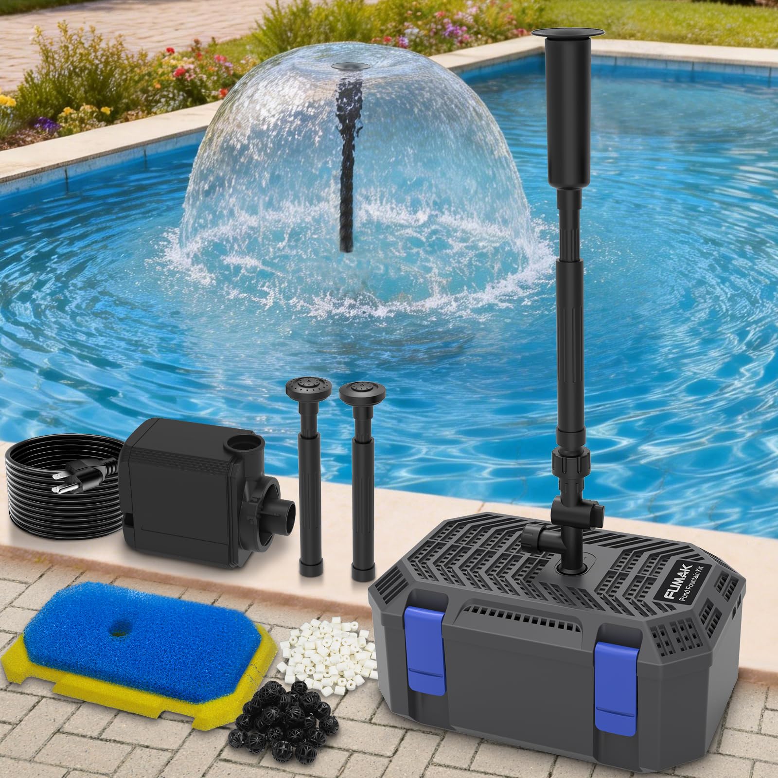 Pond Filter & Fountain Kit with 3 Spray Heads, All-in-one 850GPH Pond Fountain Pump with 4-Stage Filtration, for Garden, Water Feature, 500-750 Gallon Outdoor Koi Fish Ponds-image-24