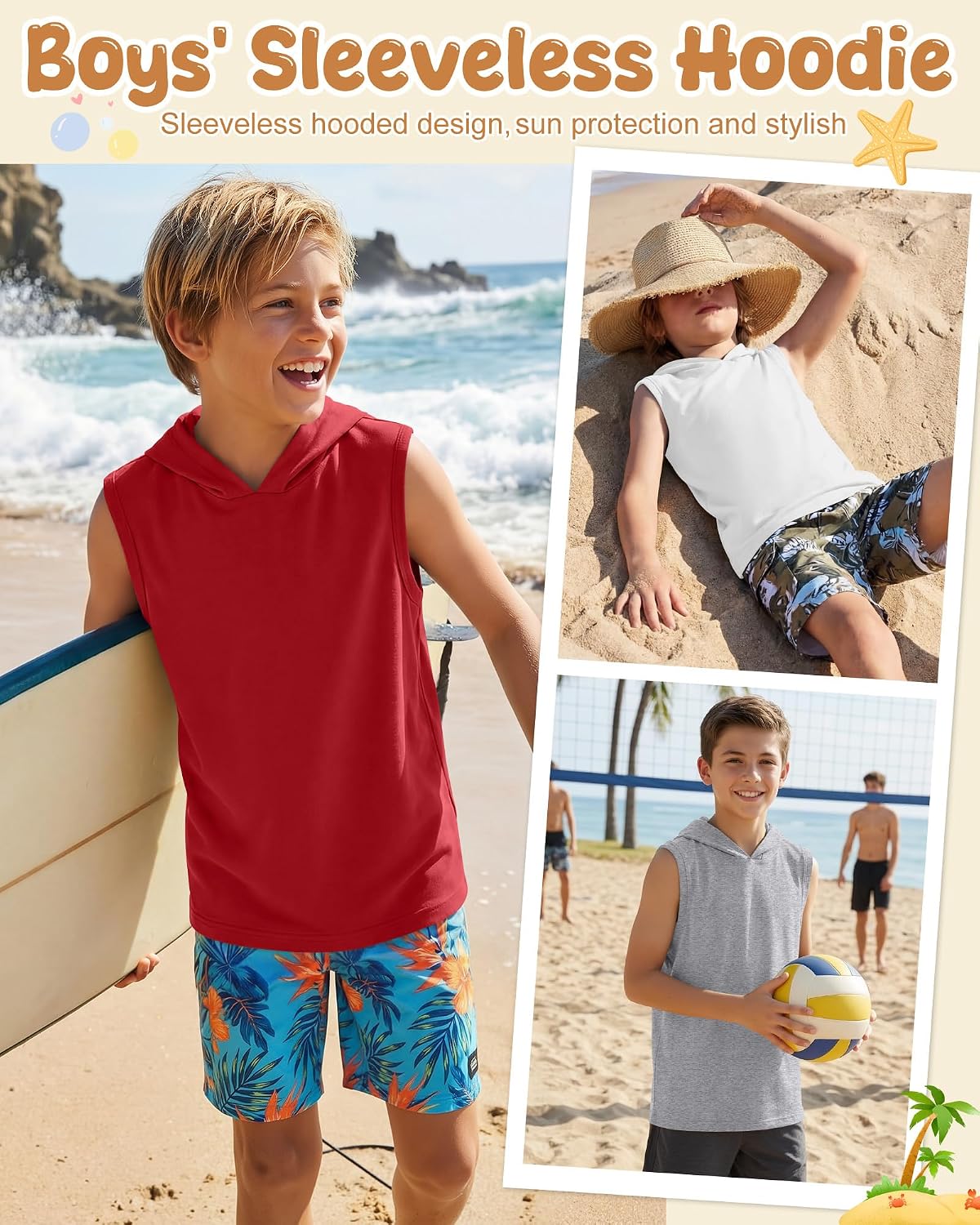 4 Pack Boys' Athletic Tank Tops Sleeveless Pullover Hoodies Sports Workout Basic T-Shirts 5-16 Years
