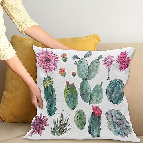 Miniatura 2 de Ambesonne Funda de cojín con diseño de naturaleza, diseño de acuarela, diseño botánico del desierto, caricatura de plantas de cactus, flores, picos,
