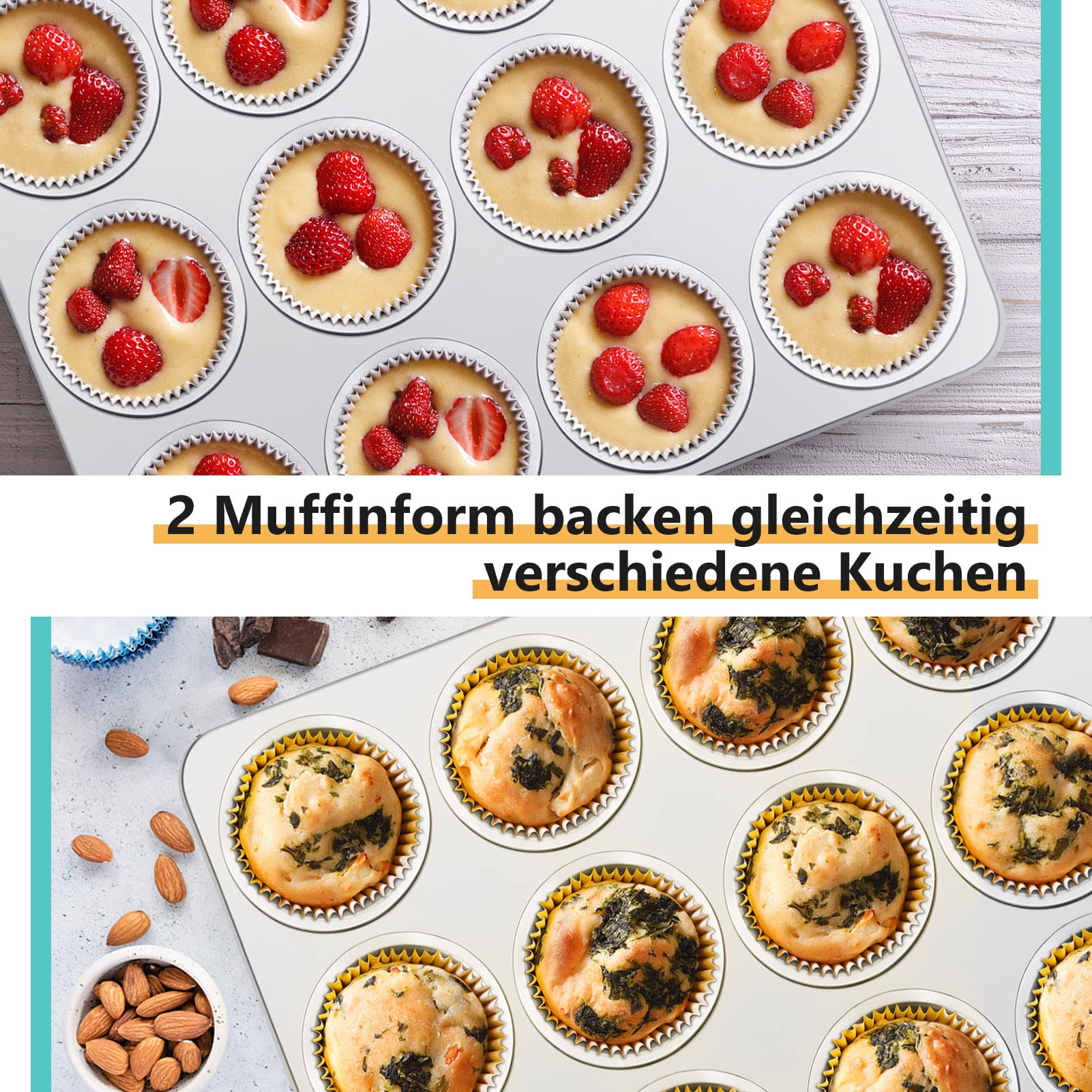 TEAMFAR Juego de 2 moldes para muffins, de acero inoxidable, para 12 magdalenas, 3 cm de profundidad, para cupcakes, brownies, pasteles, aptos para lavavajillas