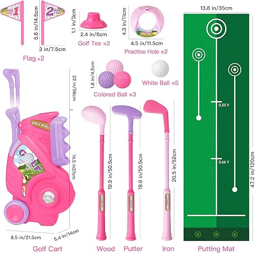 Miniatura 6 de Juego de palos de golf para niños de 2, 3 y 4 años, juego de palos de golf para niños con carrito y tapete de puting, juguetes deportivos para
