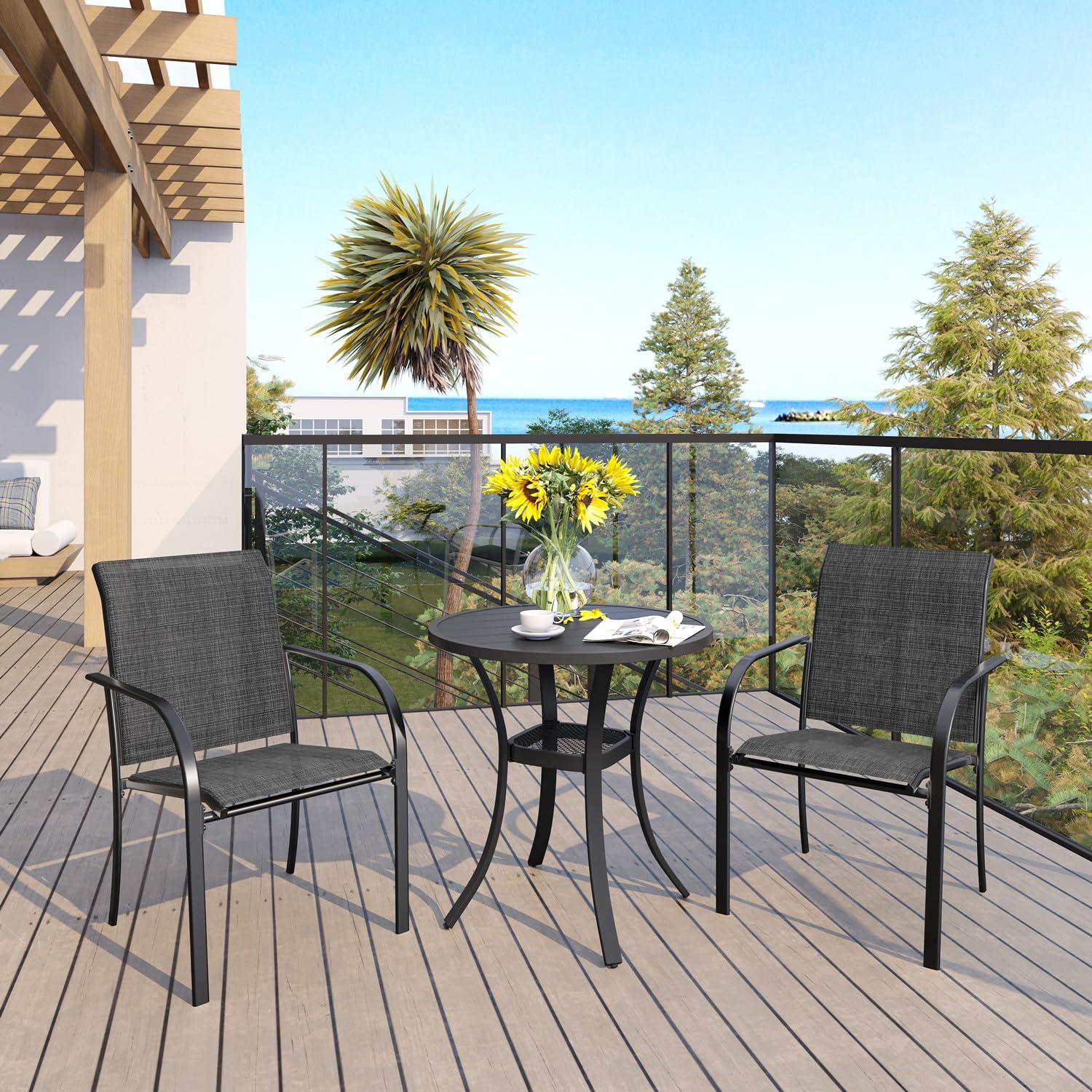 VICLLAX 3 Pieces Patio Dining Set for 2, Patio Bistro Set Includes 1 Small Round Patio Table and 2 Stackable Patio Chairs, Patio Set for Outsides, Black Table and Grey Chairs