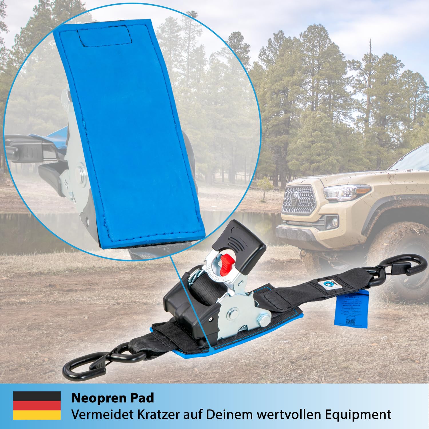 valonic Tanuki - 2X 3m XXL Automatik Spanngurt mit Haken, gepolstert, Blaue Fahne, 50mm, 650/1300Kg, EN-12195-2, mit Ratsche - Spanngurte Automatik, Zurrgurte für Motorrad, SUP, Auto schwarz
