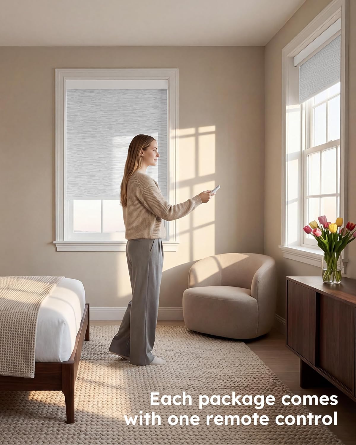 Motorized Blinds with Remote, 100% Blackout Smart Blinds for Windows, Electric Roller Blinds (LumenGeo - Jacquard White, 36" W x 72" H)
