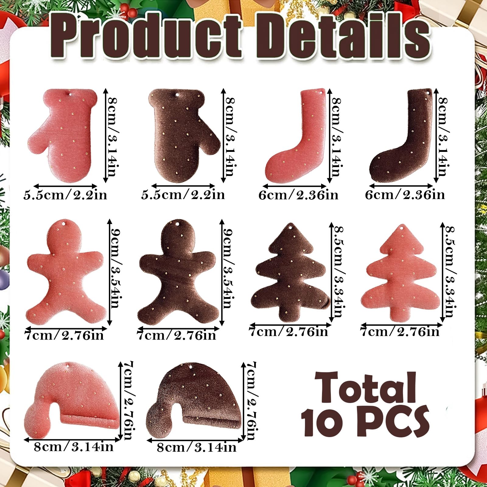 Ozdoby choinkowe 10P, czerwono-brązowe, 8,9 cm, błyszcząca, wisząca ozdoba do samochodu, choinki, piernikowy człowiek, czapka Mikołaja, rękawiczki, świąteczne rękodzieło, dekoracje choinkowe