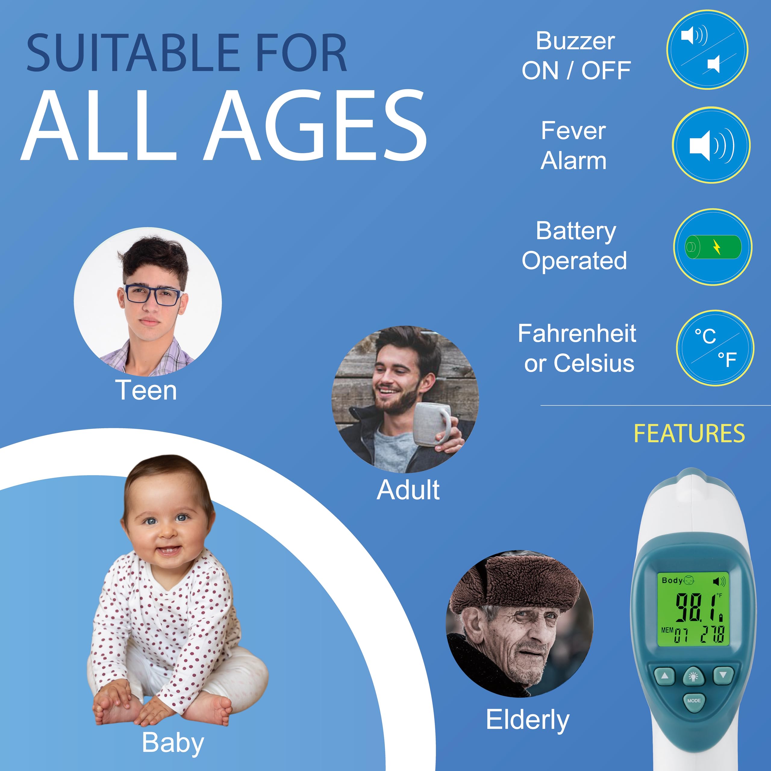 Elate Termometro frontale | Termometro per bambini per adulti, bambini, neonati | Infrarossi digitali senza contatto con allarme febbre | Accessori medici per infermiere | Essenziali