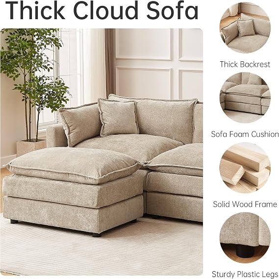 JIEXI Modular Corner Sofa Sectional, Oversized Deep Seat Fabric Couch with Moveable Ottoman, Reversible L-Shape/U-Shape Configurations, Modern Living Room Sofa Set (Coffee 285cm - L-shaped)