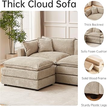 JIEXI Modular Corner Sofa Sectional, Oversized Deep Seat Fabric Couch with Moveable Ottoman, Reversible L-Shape/U-Shape Configurations, Modern Living Room Sofa Set (Coffee 285cm - L-shaped)