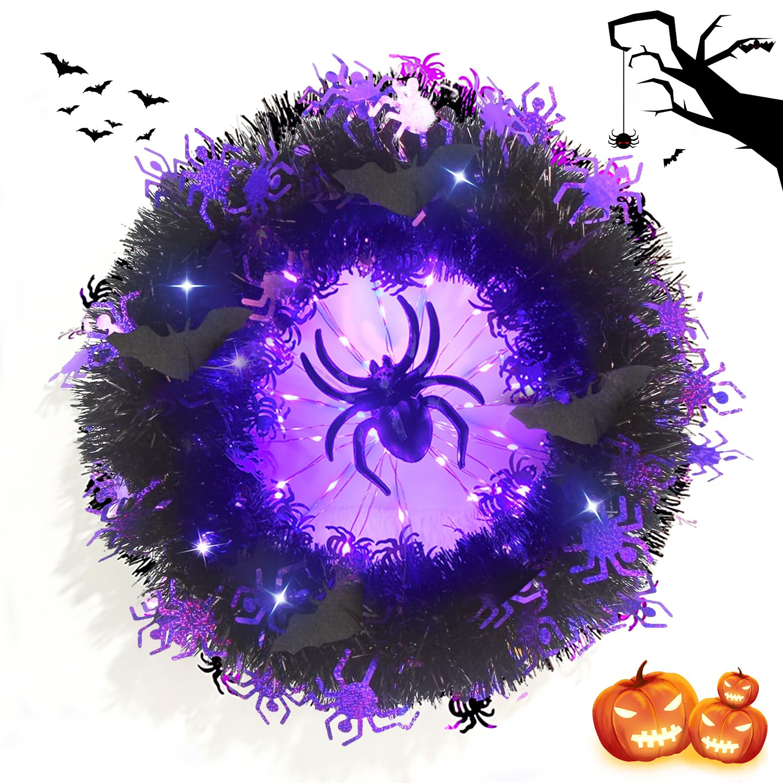 Couronne Porte Halloween Avec Lumières Violettes - Araignées Décoratives Effrayantes Intérieur Extérieur