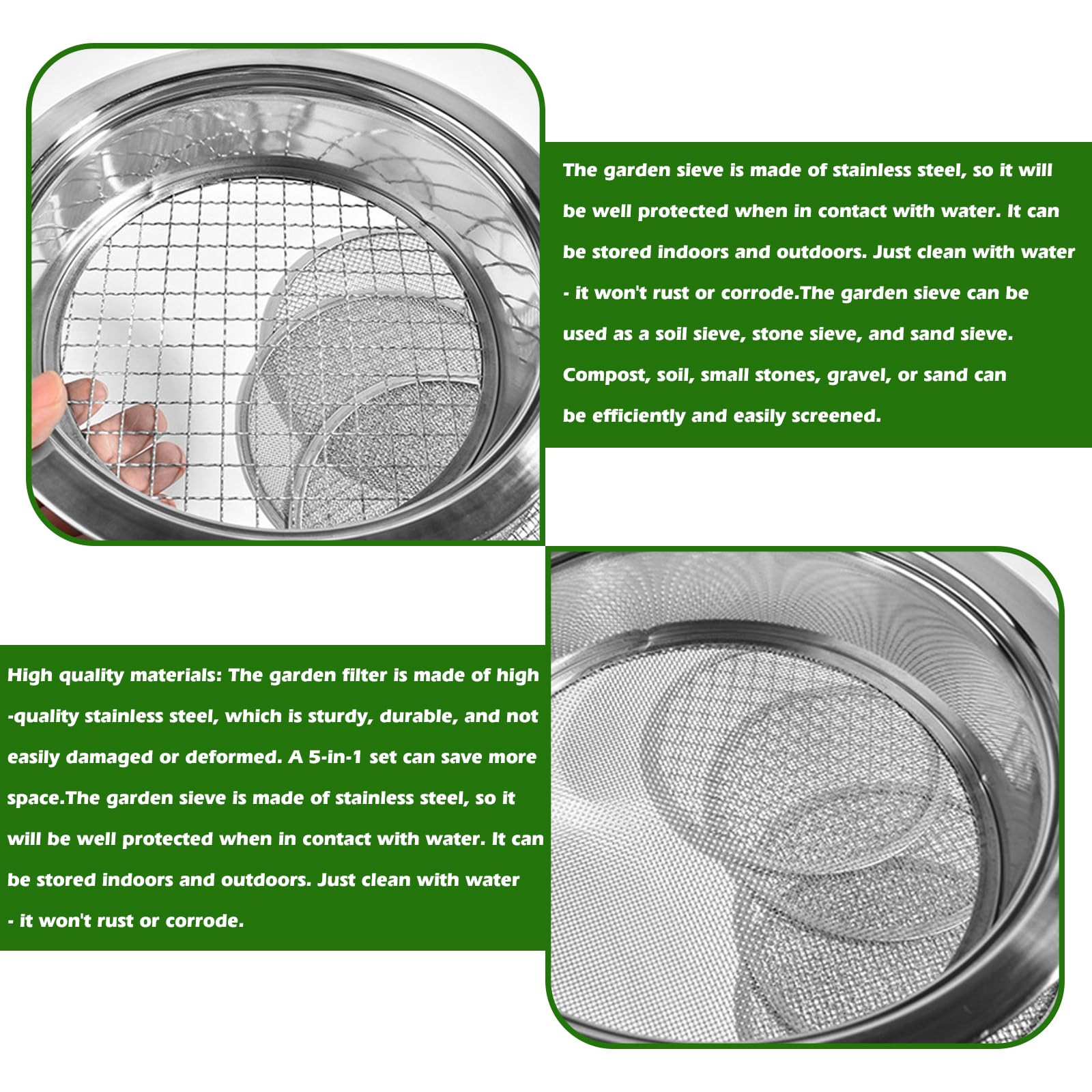 25cm Tamis De Jardin En Acier Inoxydable, Tamis De Jardin Rond, Tamis De Terre 5en1, Avec 5 Tamis Interchangeables Pour Le Jardin Le Sol Le Compost Le Sable - Avec Pelle De Jardin Gants De Jardinage