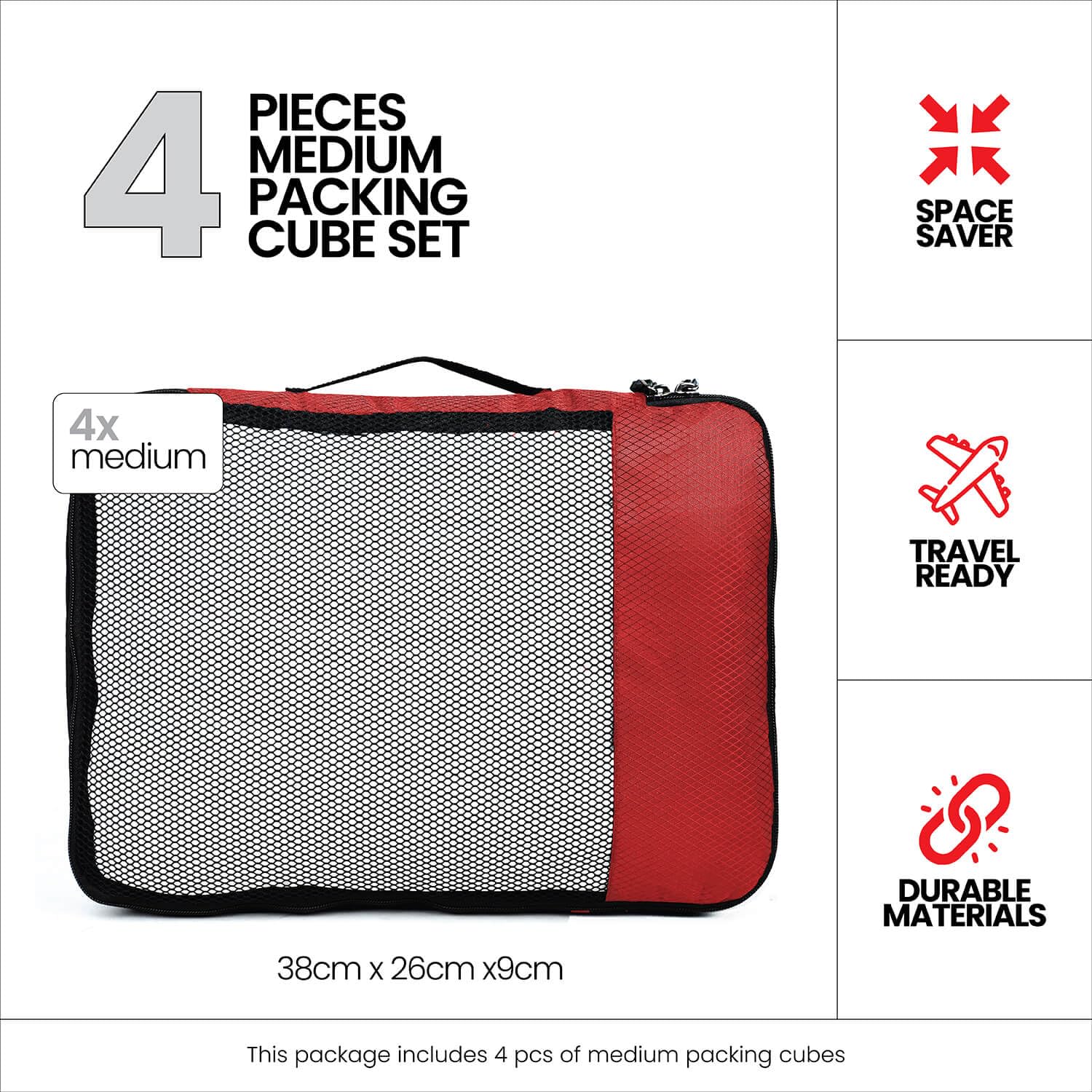 FATMUG Polyester Packing Cubes/Travel Pouch/Bag Suitcase Luggage Organiser Set Of 4-Medium Size (Red)