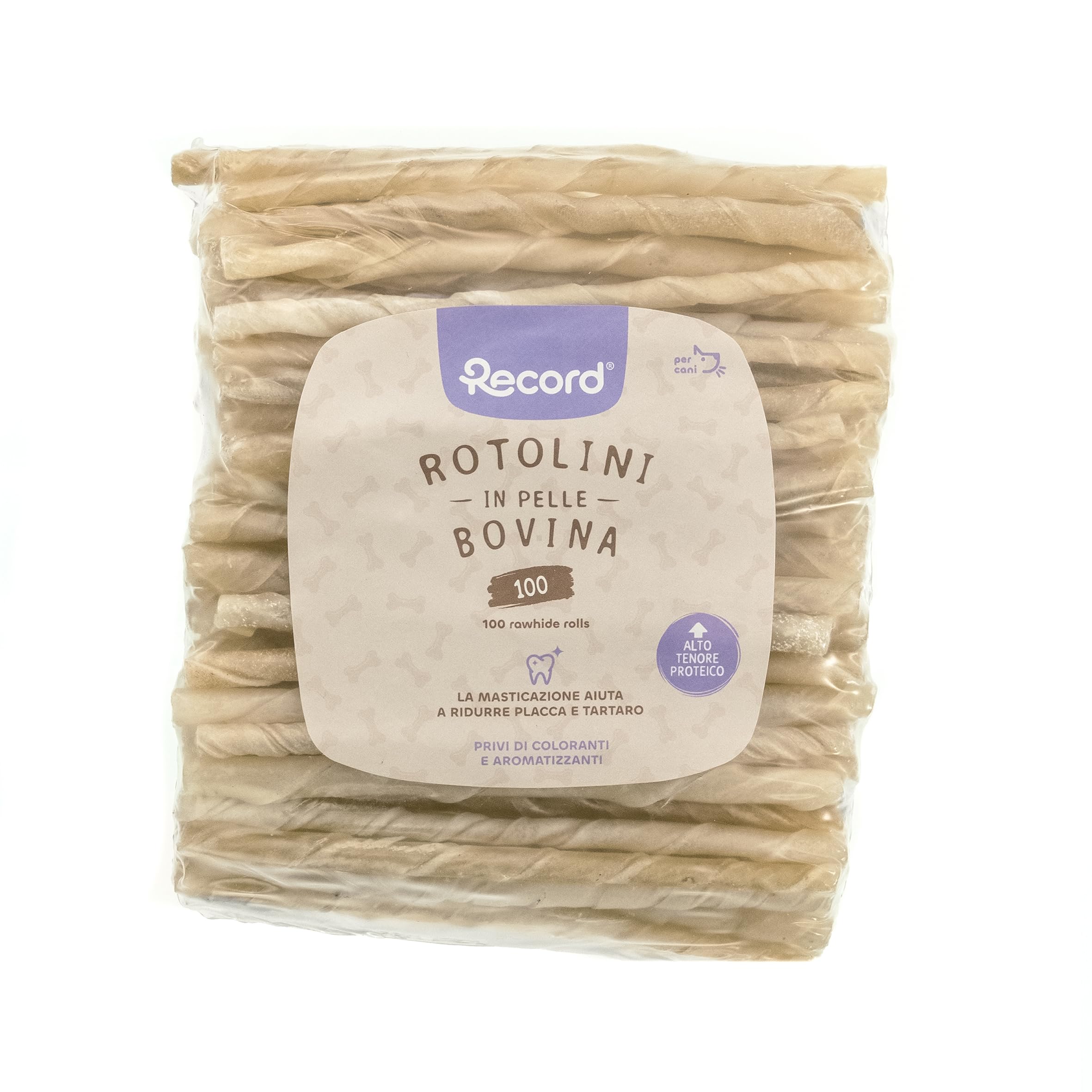 Record 100 bastoncini per cani fini. Rotolini per Cani in Pelle Bovina. Masticativi per Cani, Confezione da 100pz in plastica termoretratta. Lunghezza 13cm e 4g di peso cadauno cani di taglia piccola.