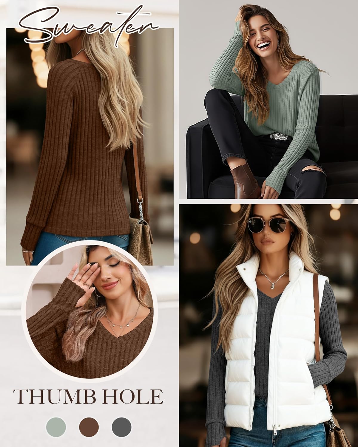 3 Pack Women's V Neck Sweaters with Thumb Holes Ribbed Long Sleeve Shirts Casual Fall Tops Tunic Clothes - Image 2