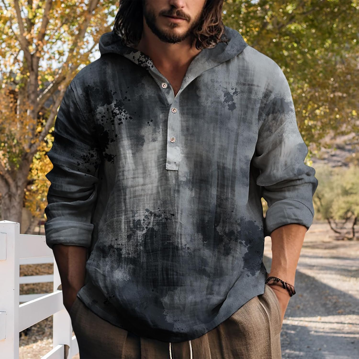 Mens Hooded Tie Dye Button Up Shirt Long Sleeve Casual Pullover Top Relaxed Fit Beach Vacation Streetwear - Image 2