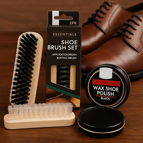 2 Shoe Brush Set & Black Polish - Traditional Wooden Handle Brushes For Cleaning, Polishing Leather Shoes & Boots, Buffing, Soft & Stiff Bristles (Shoe Brushes & Polish)