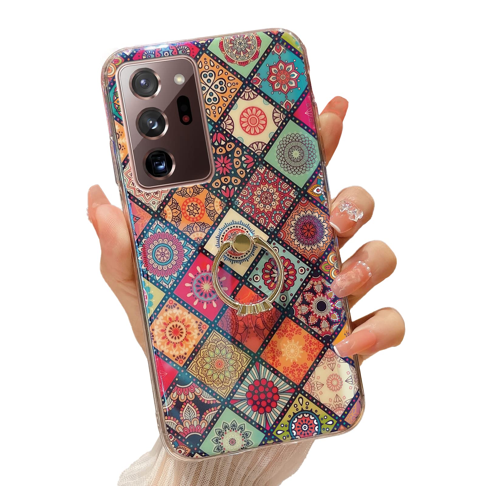 Easyscen Case for Samsung Galaxy Note 20 Ultra (6.9-inch) Girls Women Cute Floral Slim Shockproof Protection Cover with Gold Ring Stand Mandala Ethnic Style Phone Case