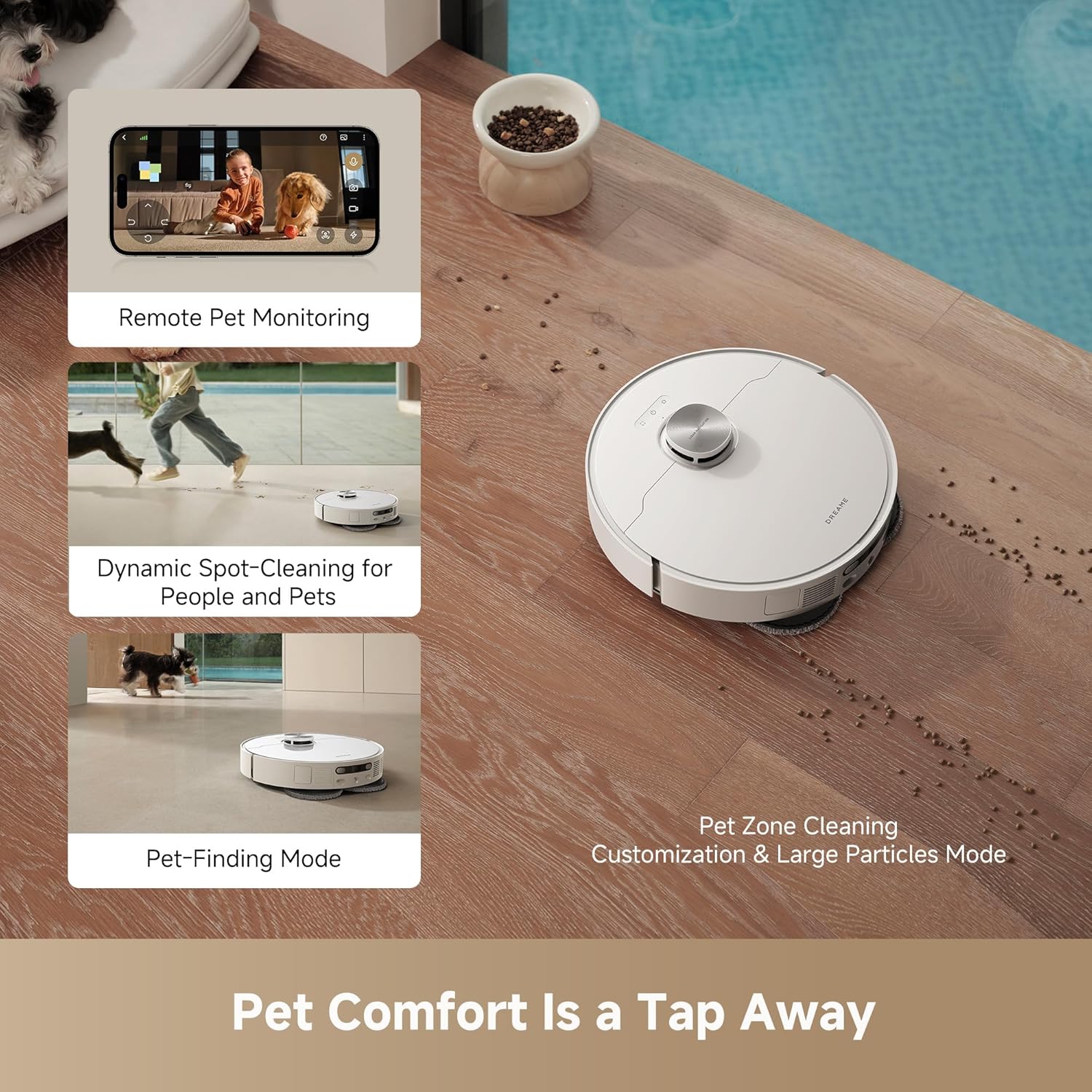 Three panels showing pet-friendly features of the robot vacuum