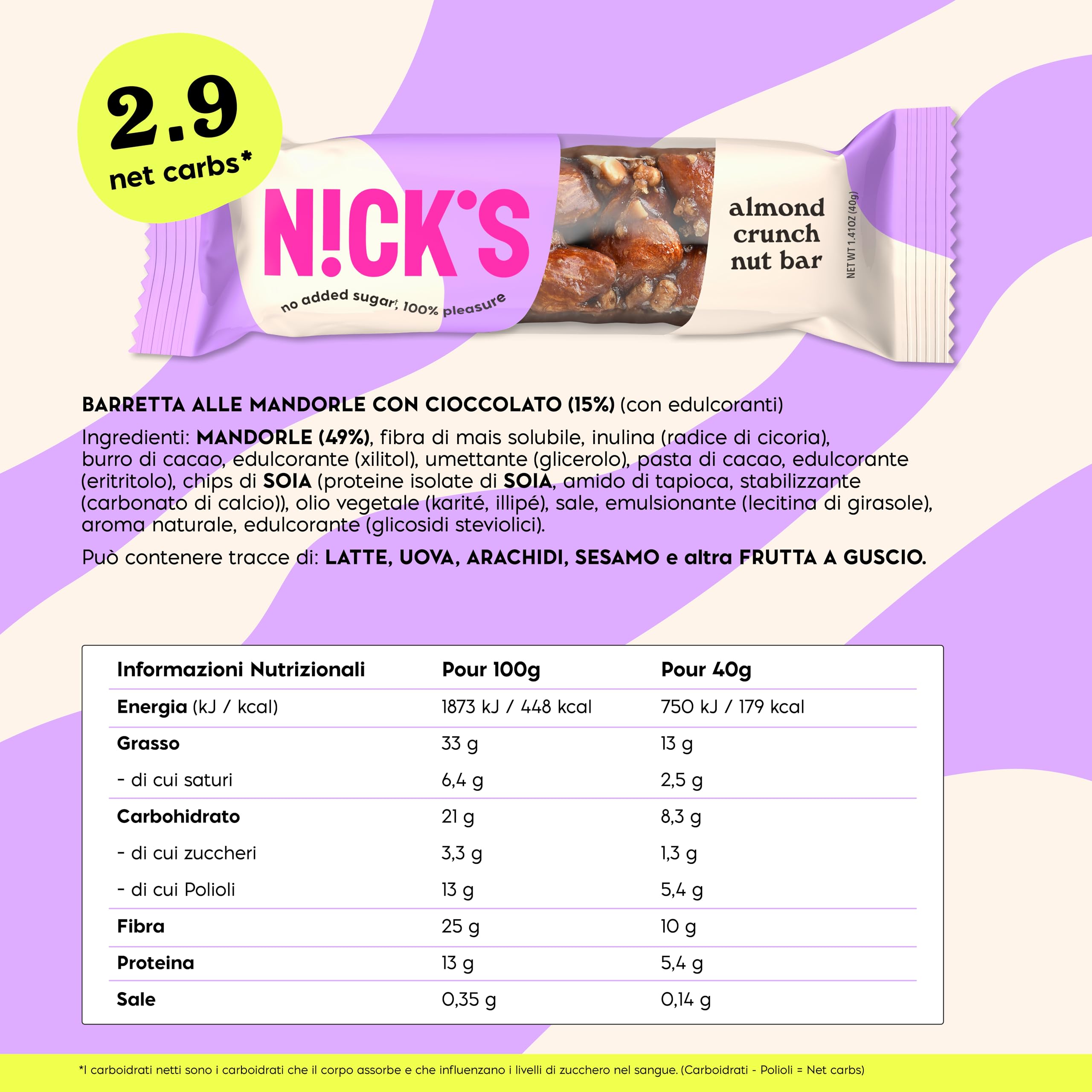 NICKS Keto Nut bar Almond, barretta di mandorle vegana con cioccolato cheto senza zuccheri aggiunti, senza glutine (12x40g)
