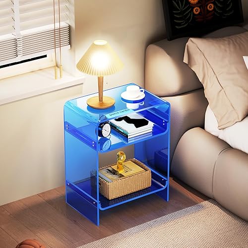 Miniatura 15 de Mesa de tocadiscos de acrílico con estante de almacenamiento, mesa auxiliar transparente (naranja, grande) Naranja,Negro -,Claro,Azul