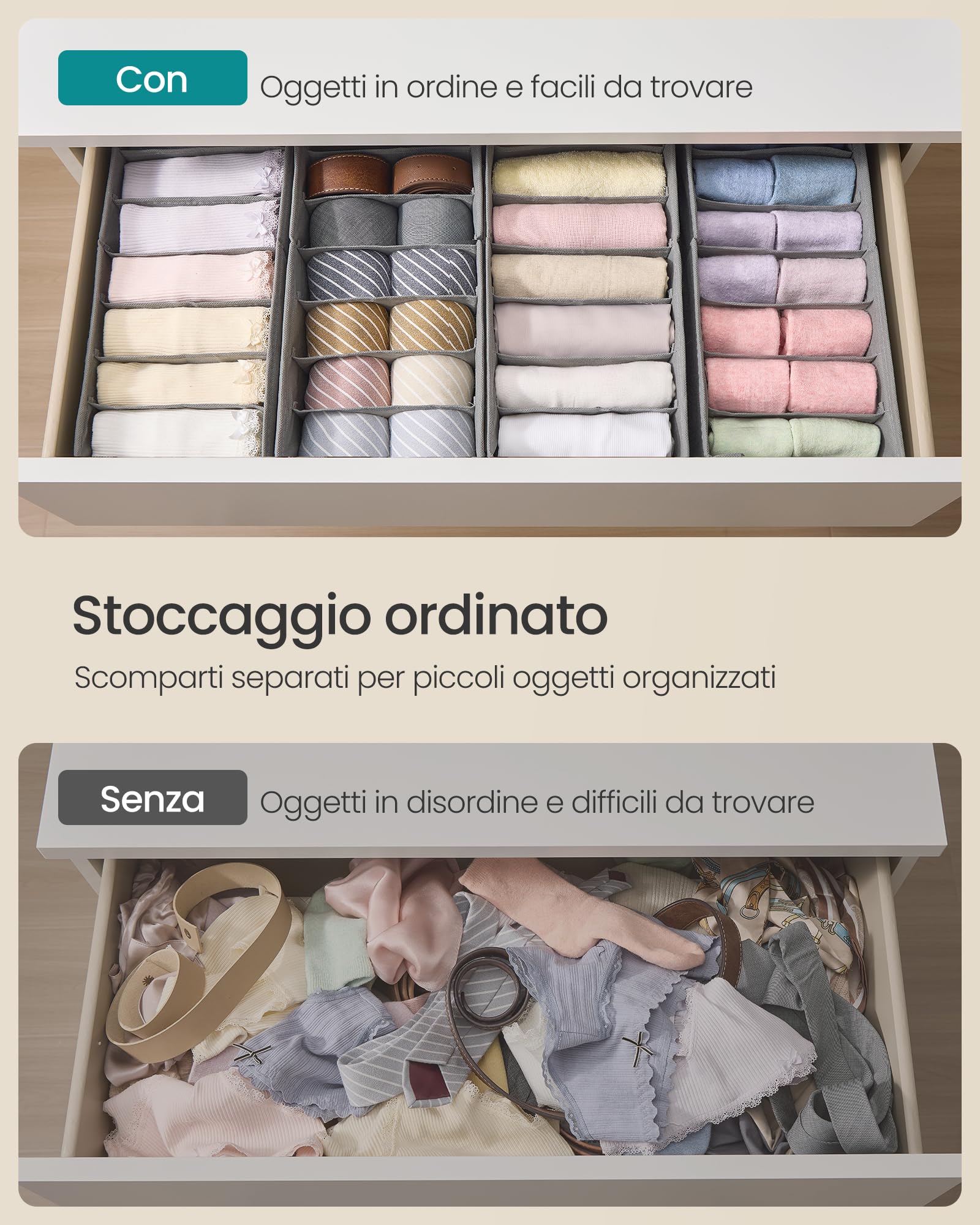 SONGMICS Set di 4 Organizer Cassetti, per Cassettiere HEMNES e MALM di IKEA, con Separatori, Organizzatori per Biancheria Intima Pieghevole, 40 x 16 x 10 cm, Grigio Tortora RUS014G01
