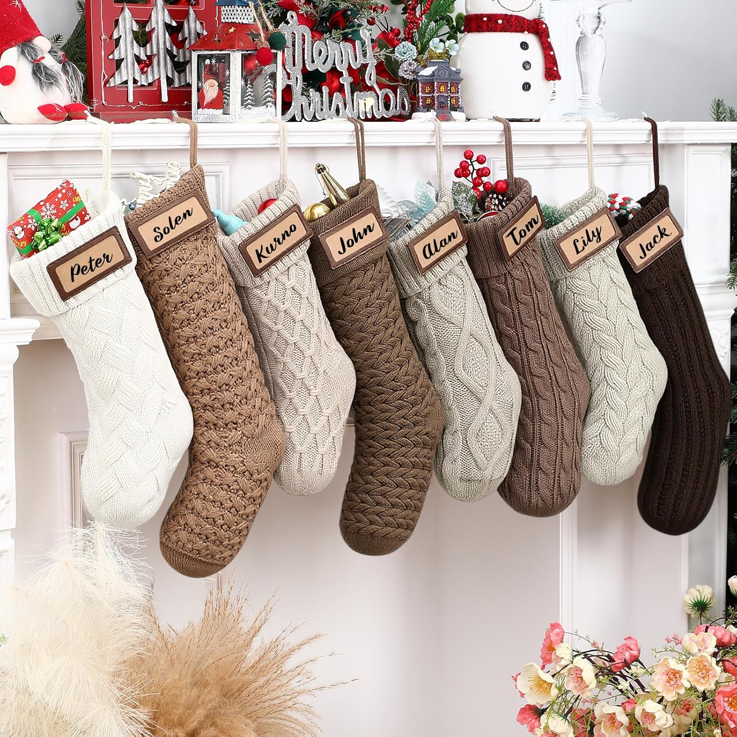 Skicuff 8 Pack Neutral Christmas Stockings Bulk 18 inch Brown Farmhouse Rustic Xmas Cable Knit Fireplace Stockings with Wooden Tags for Family Holiday Mantel Decor