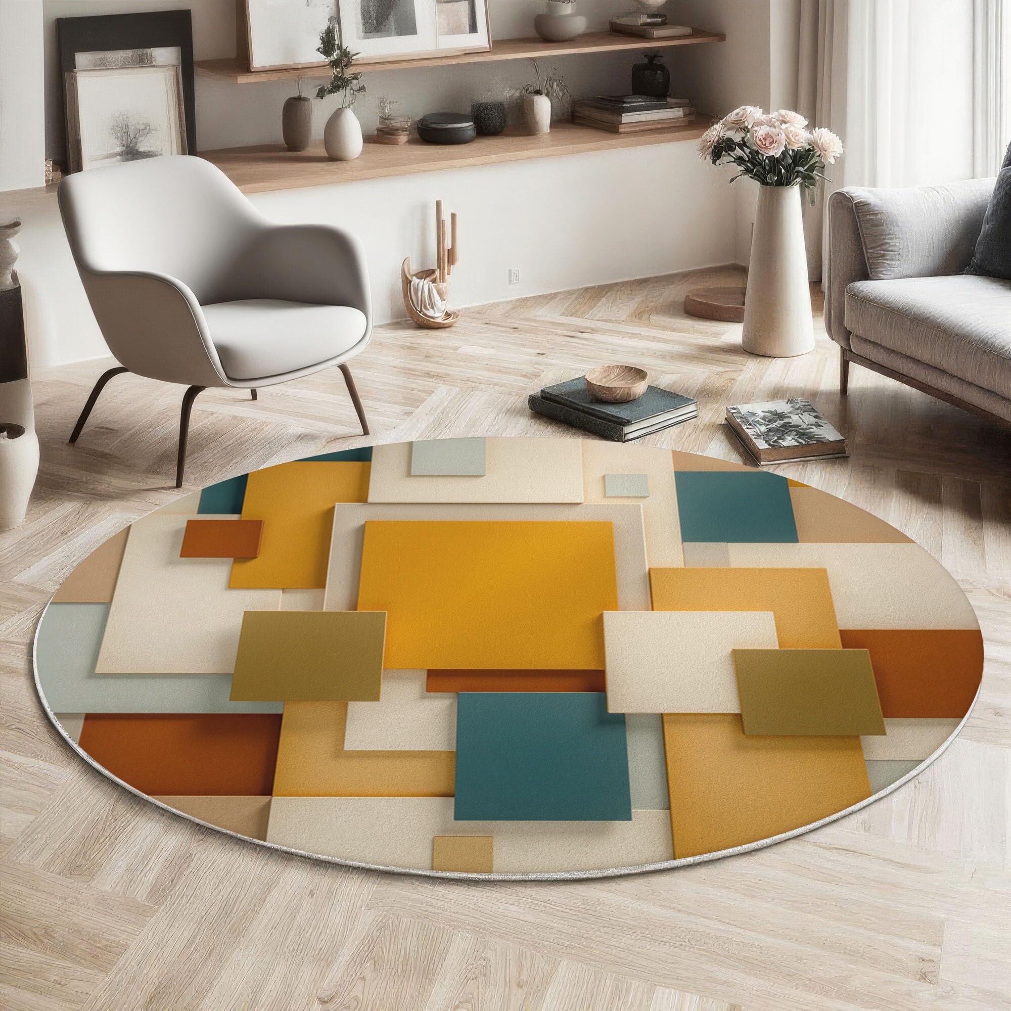 Tapis géométrique jaune moutarde de 100cm pour réchauffer l'ambiance de la chambre