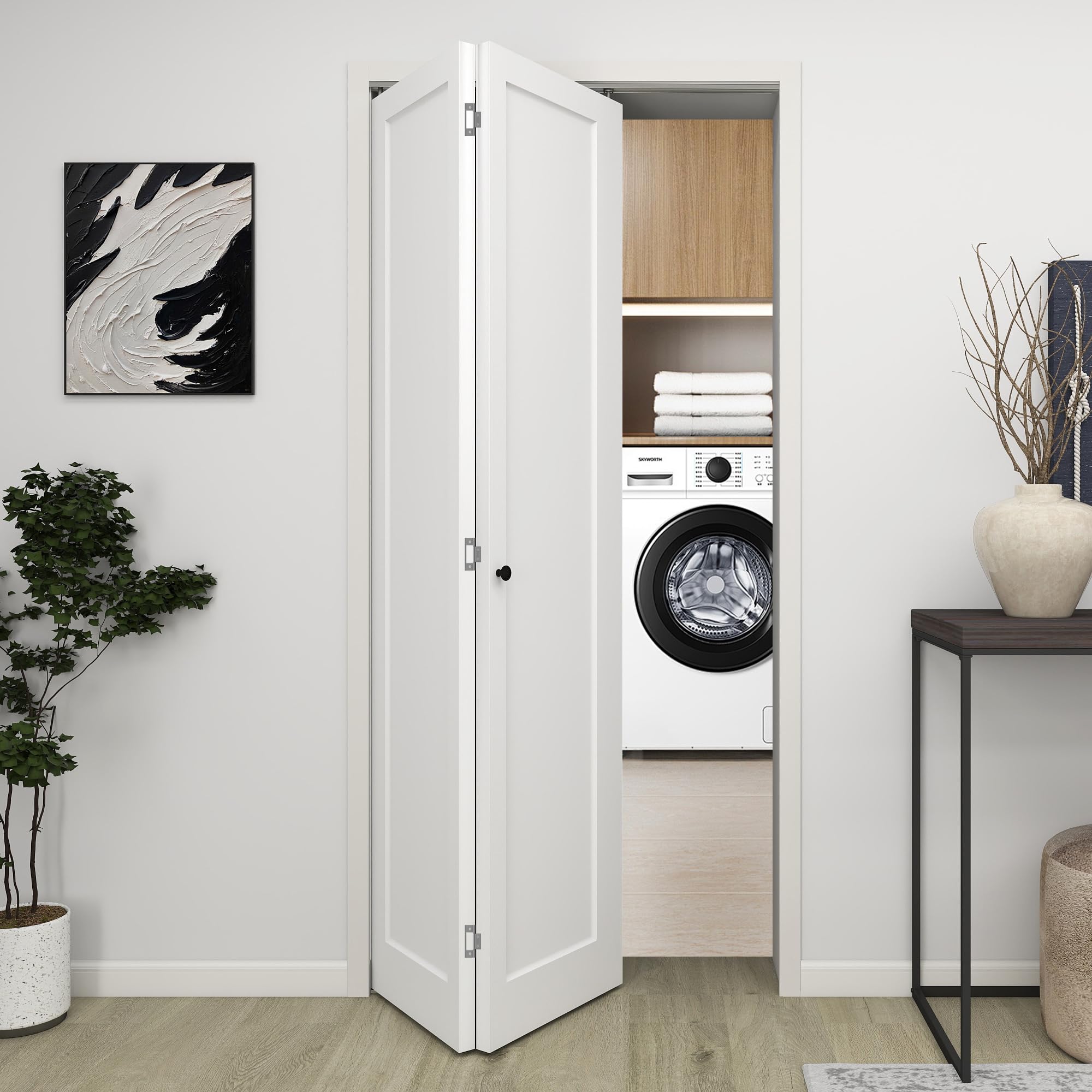 barnsmith 36 in.x 80 in. bifold barn door, 1 panel shaker style white primed bifold closet door, hollow core interior barn doors with hardware kit