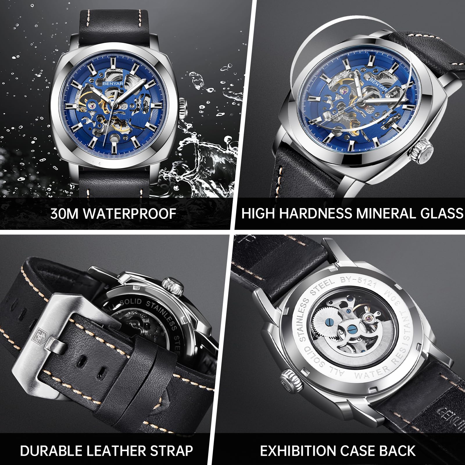 BENYAR - Orologio da uomo meccanico automatico, cinturino in pelle, movimento dorato, quadrante scheletro da 45 mm, resistente all'acqua e ai graffi, elegante regalo da uomo