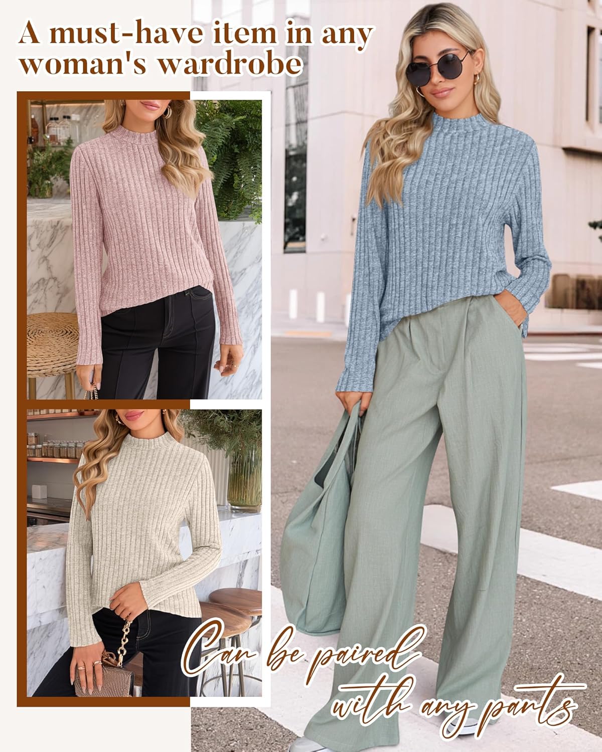 Riyiper 3 Pack Women's Mock Neck Sweaters, Long Sleeve Lightweight Tops Casual Soft Sweaters Knit Slim Fitted Basic Pullover - Image 5