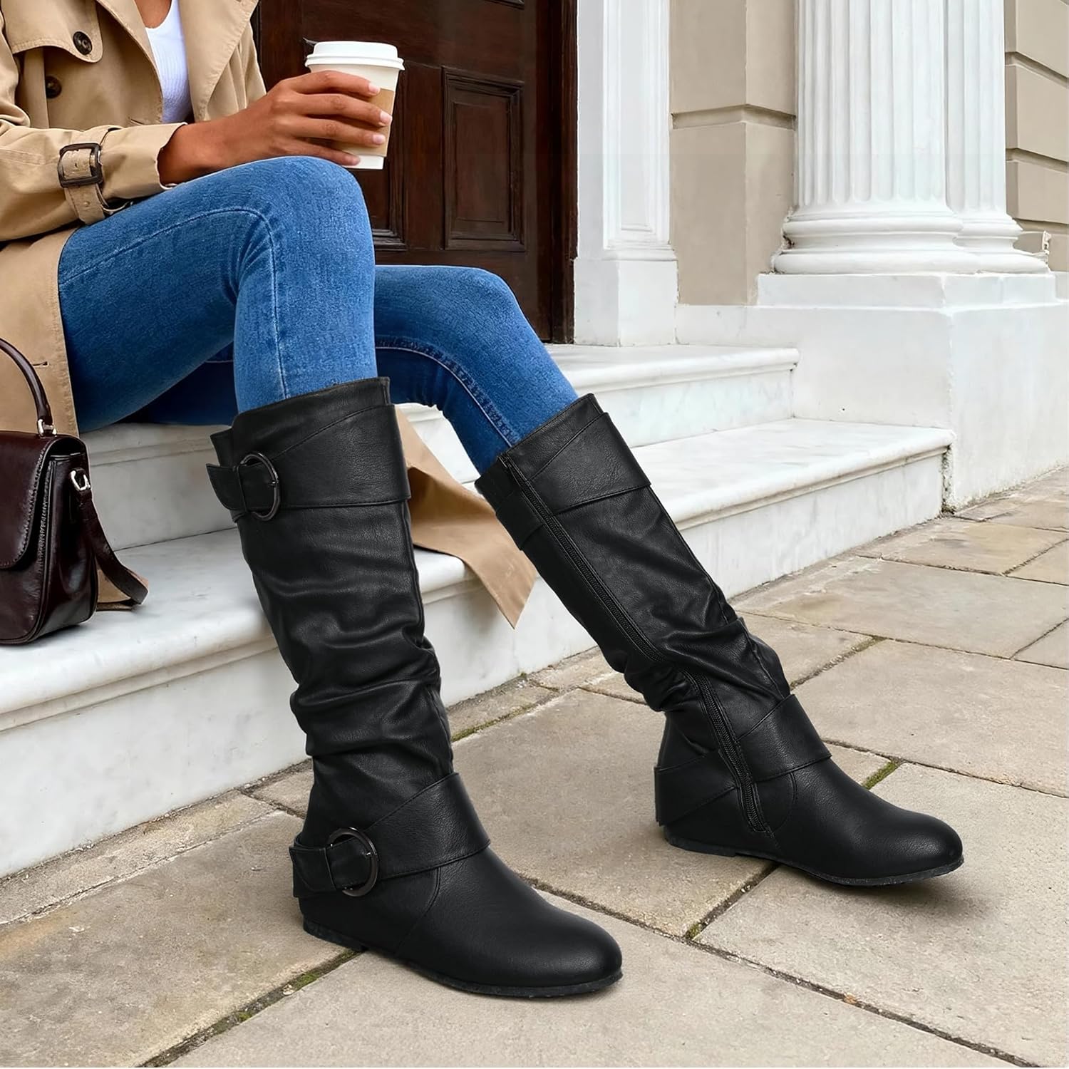 DREAM PAIRS Women's Knee High Low Hidden Wedge Boots Suede Faux Fur Lining Side Zipper Knee High Buckle Boots