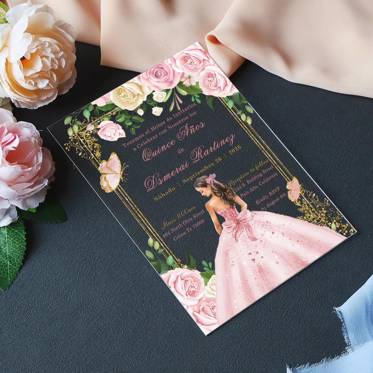 Hosmsua 20Pcs Personalized Blush Pink Butterfly Quinceanera Acrylic Invitation, 5x7 Soft Pink Rose Floral Princess Acrylic Glass Invitation Cards with Envelopes for Mis Quince, Sweet 16, XV Anos, 15 Anos