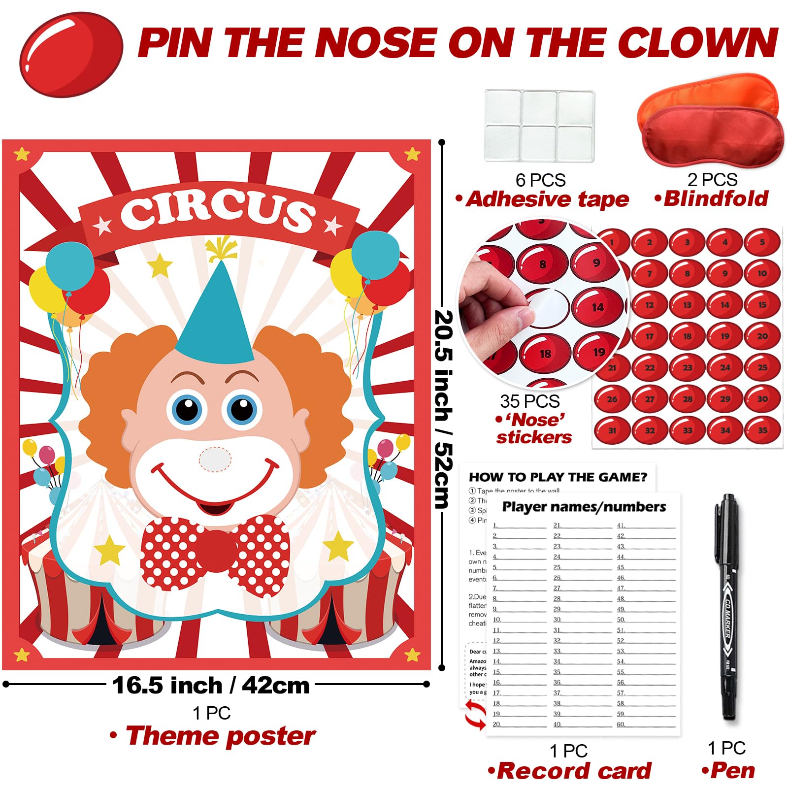 PARTYLOUD Pin The Nose on The Clown, Circus Party Games, Carnival Themed Party Games Toddlers Preschool Party Supplies Favors for Boys Girls Adults 35 Guests
