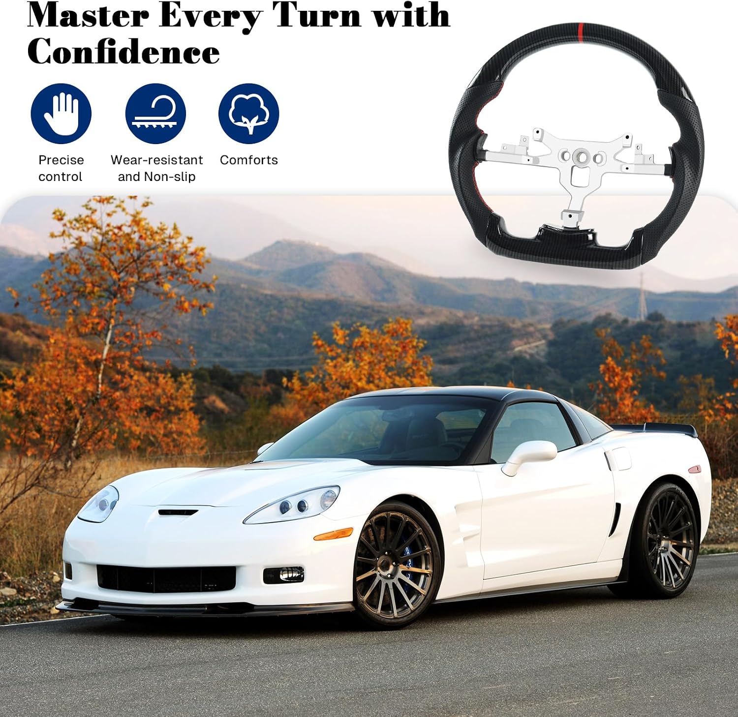 Steering Wheel for Chevrolet Corvette C6 Black Hydro-Dip Carbon Fiber D-shaped Flat-bottom Preforated Leather Grip Steering Wheel for Corvette C6 2006-2011 ZR1 Z06