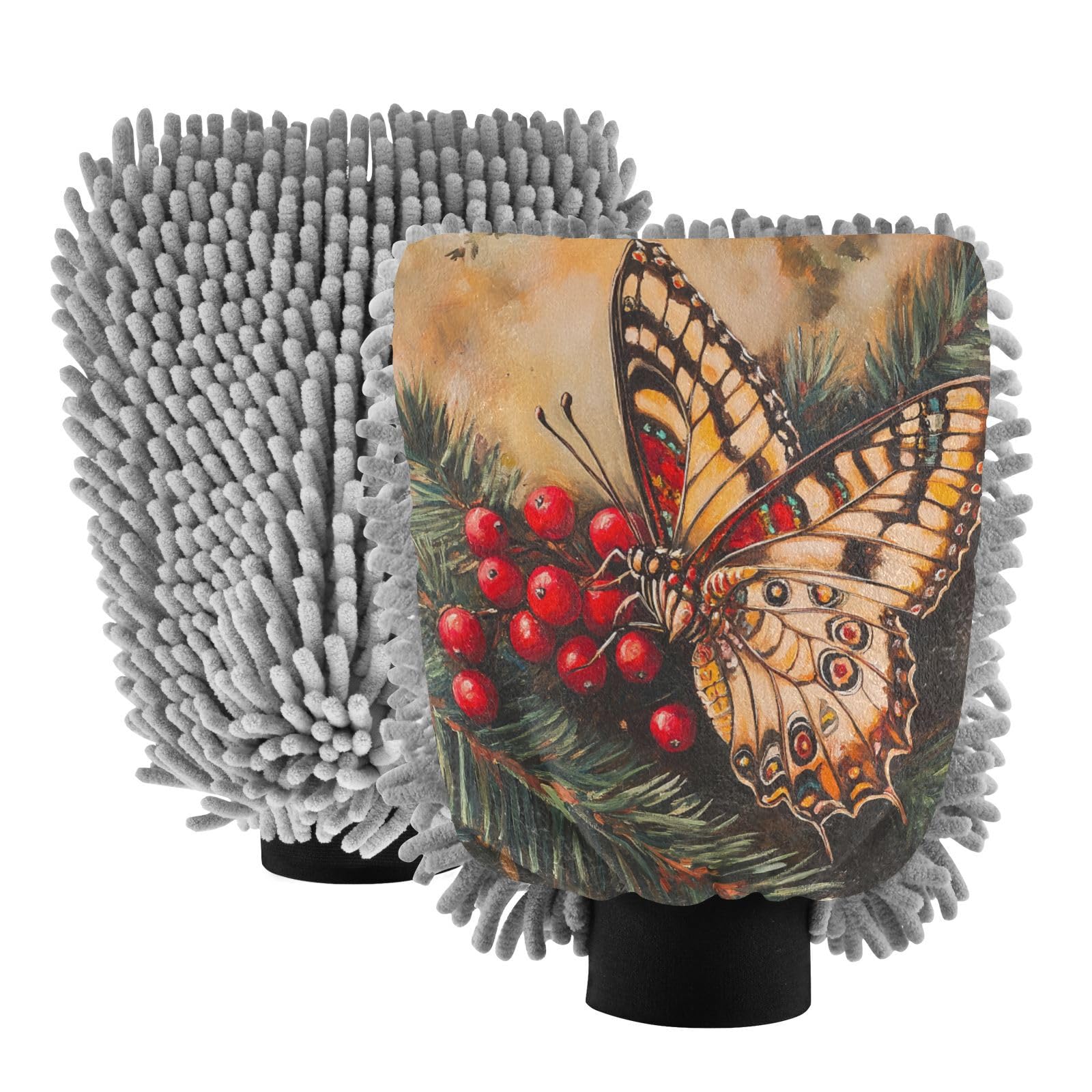 STAYTOP Retro Butterfly and Berry Car Wash Mitt Microfiber, 2Pcs Scratch Free Lint-Free, Premium Chenille Microfiber Mitt Car Wash Brush-M