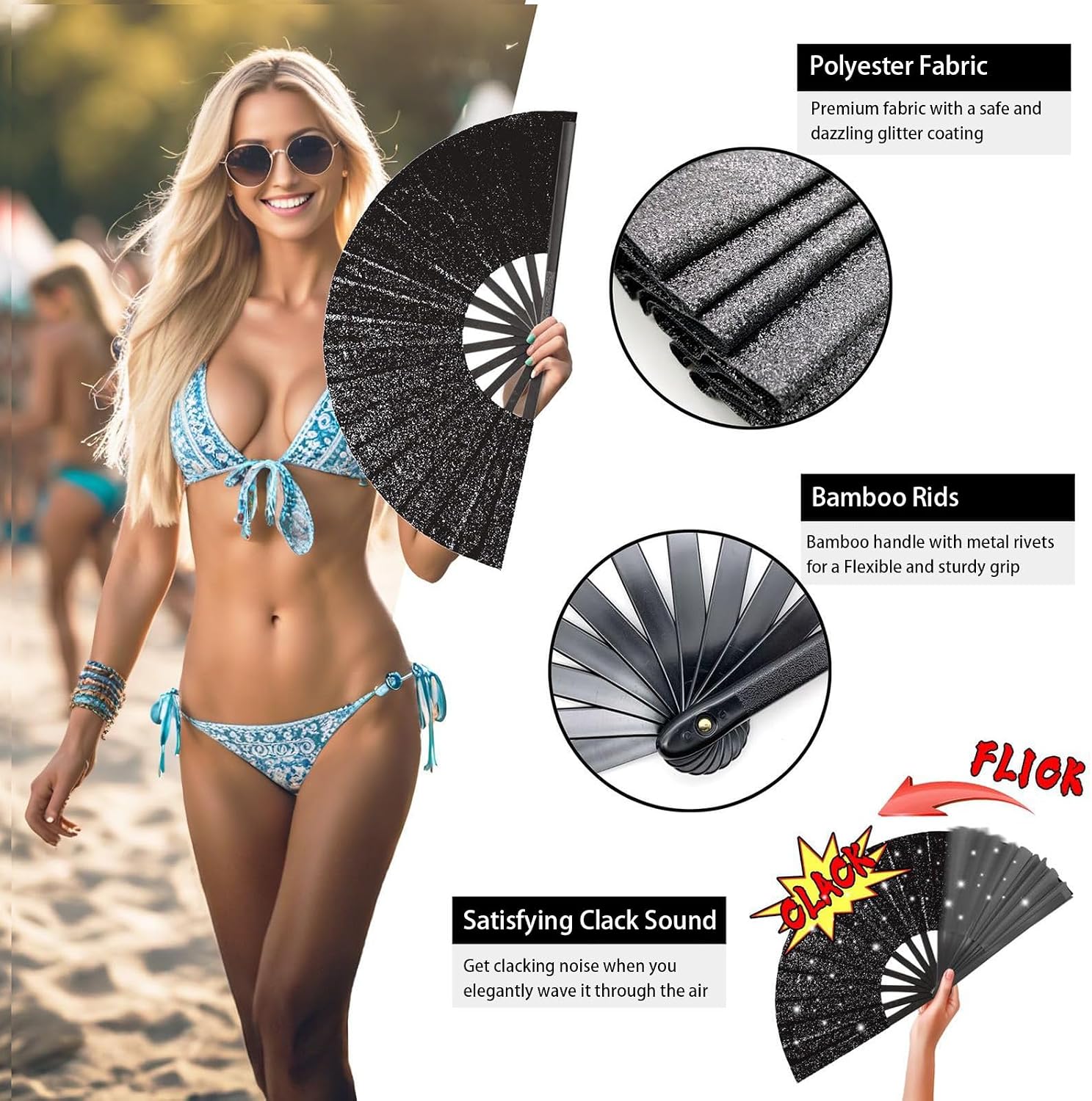 6PCS Glitter Rave Fan,13in Large Folding Hand Rave Fan with 6 Fabric Case Bags, Clack Fans for Line Dancing,Music Festivals,Disco,Glow Party.(Glitter Black)