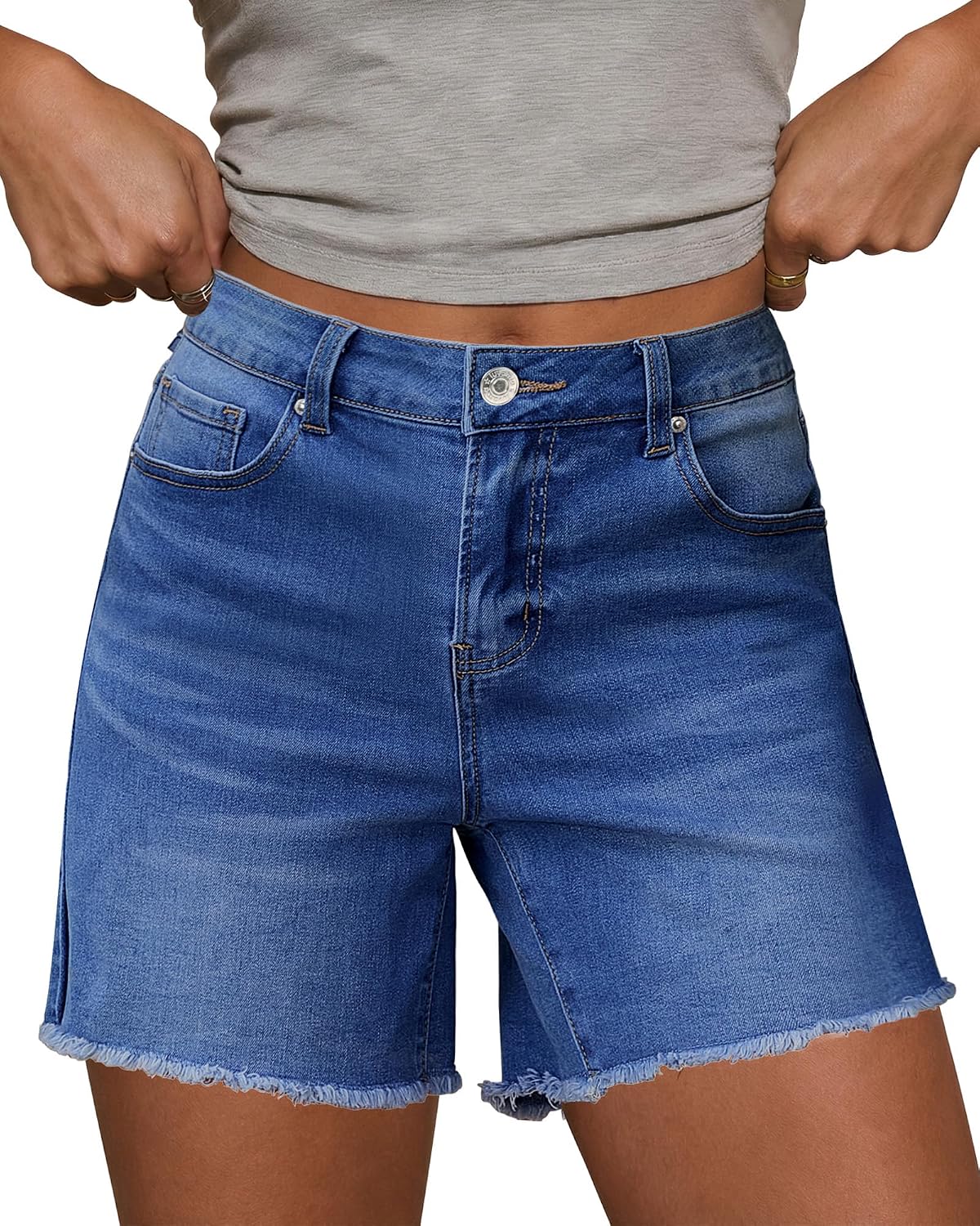 LookbookStore Jean Shorts for Women High Waisted Raw Hem Mid Thigh Cut Off Stretchy Denim Shorts Casual Summer Jorts