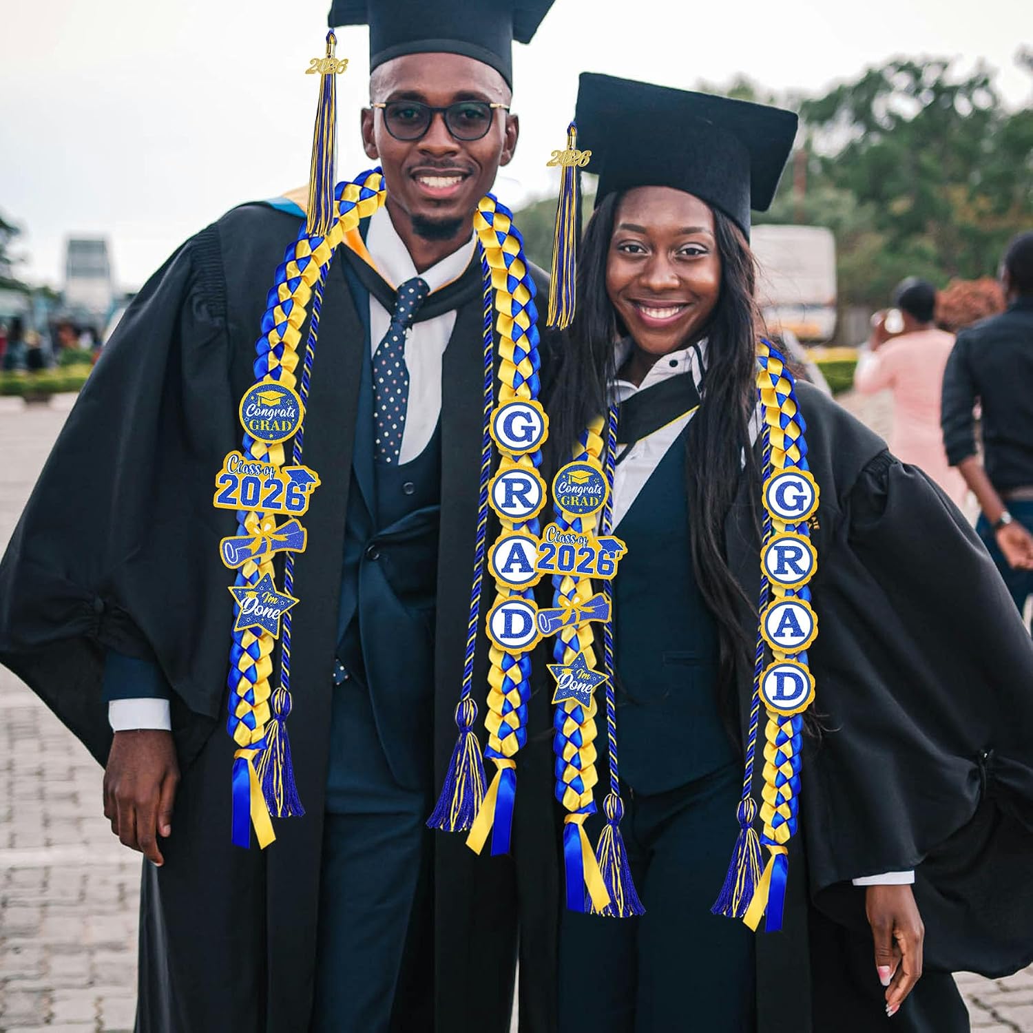 Graduation Leis 2026 Cords Tassel with 2025 Gold Charm, Graduation Money Leis 8 Glitter Patches Cord Tassel Charms for Graduation Decorations (Blue & Gold)