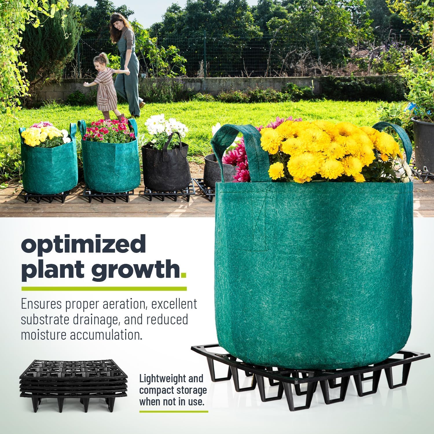 Plant Riser – Modular Pot Spacer for Grow Bags, Planters & Containers – UV-Resistant Drainage Tray for Airflow, Root Health & Cleaner Surfaces (Standard Black, 10 Pack)