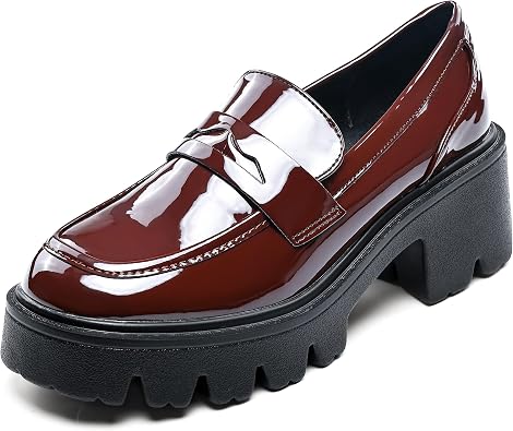 Black Penny Loafers for Women - Women's Slip-On Platform Patent Leather Loafers, Chunky Comfort Shoes for Work & Dressy Occasions