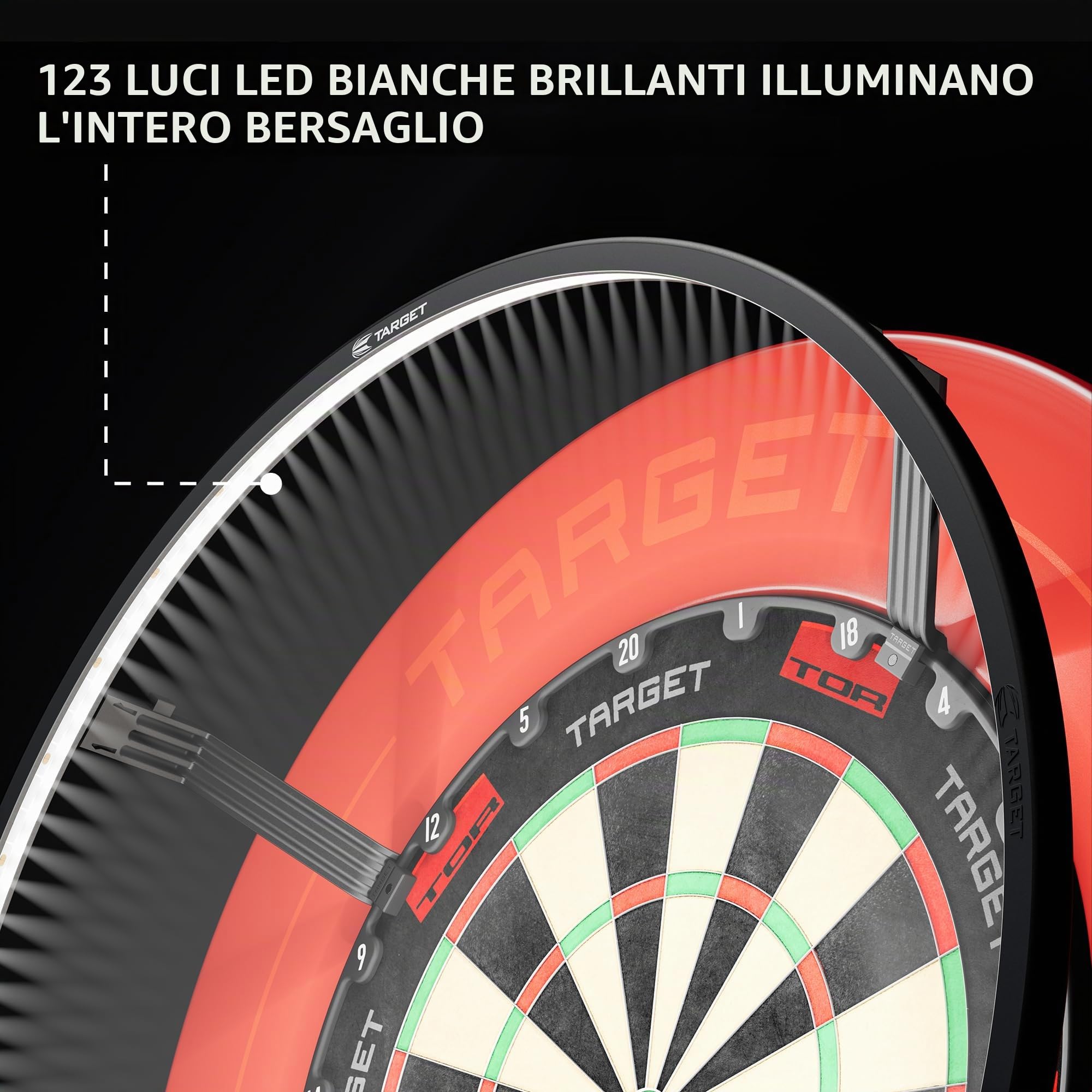 Target Darts Corona Vision Dartboard LED Illuminazione Nero Anello Luminoso Bianco Bersaglio Freccette Piedini Magnetici