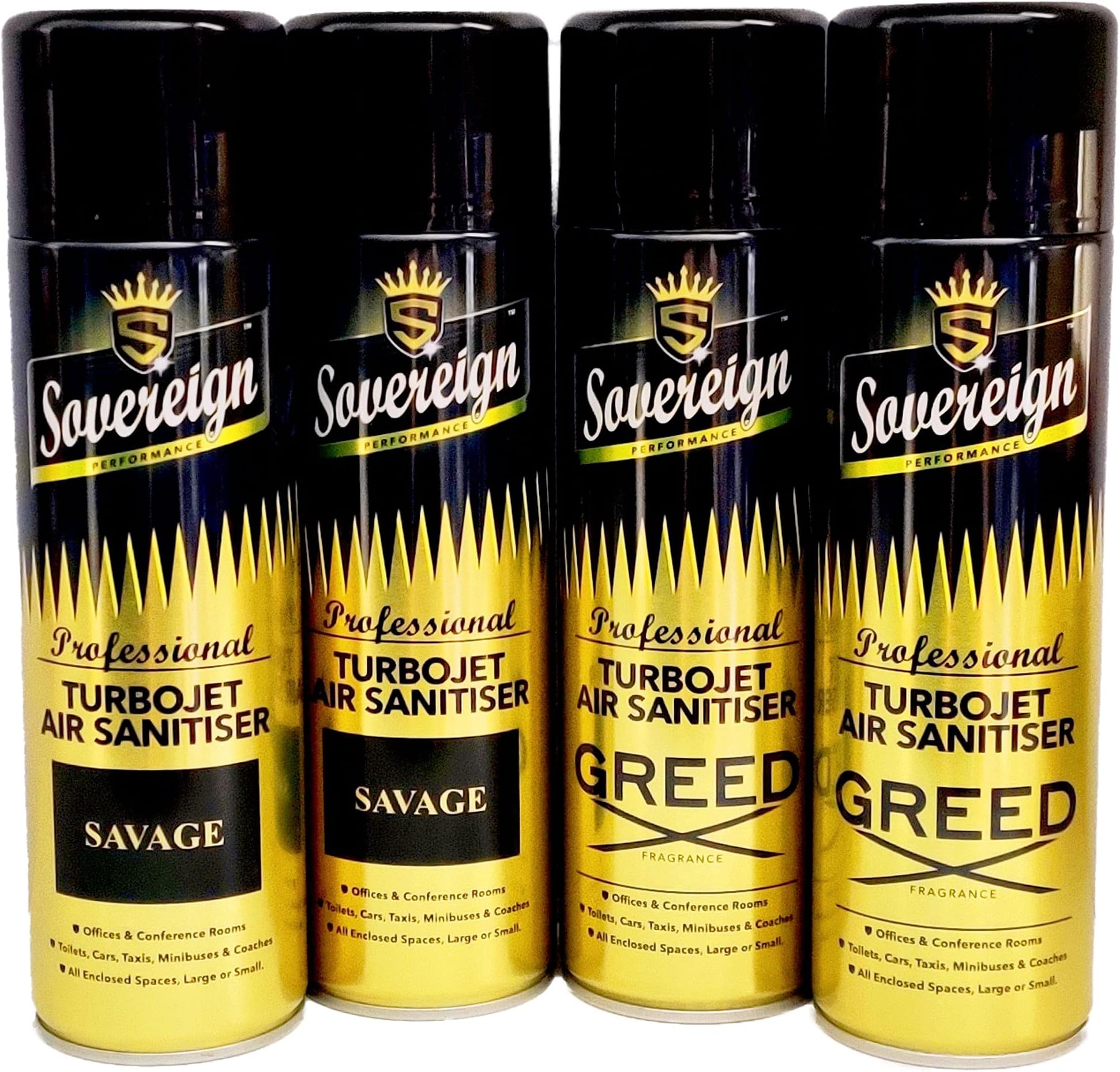 Savage & Greed Bundle Sovereign Car Home Turbojet Air Freshener Sanitiser Spray Blast Can 4 Pack