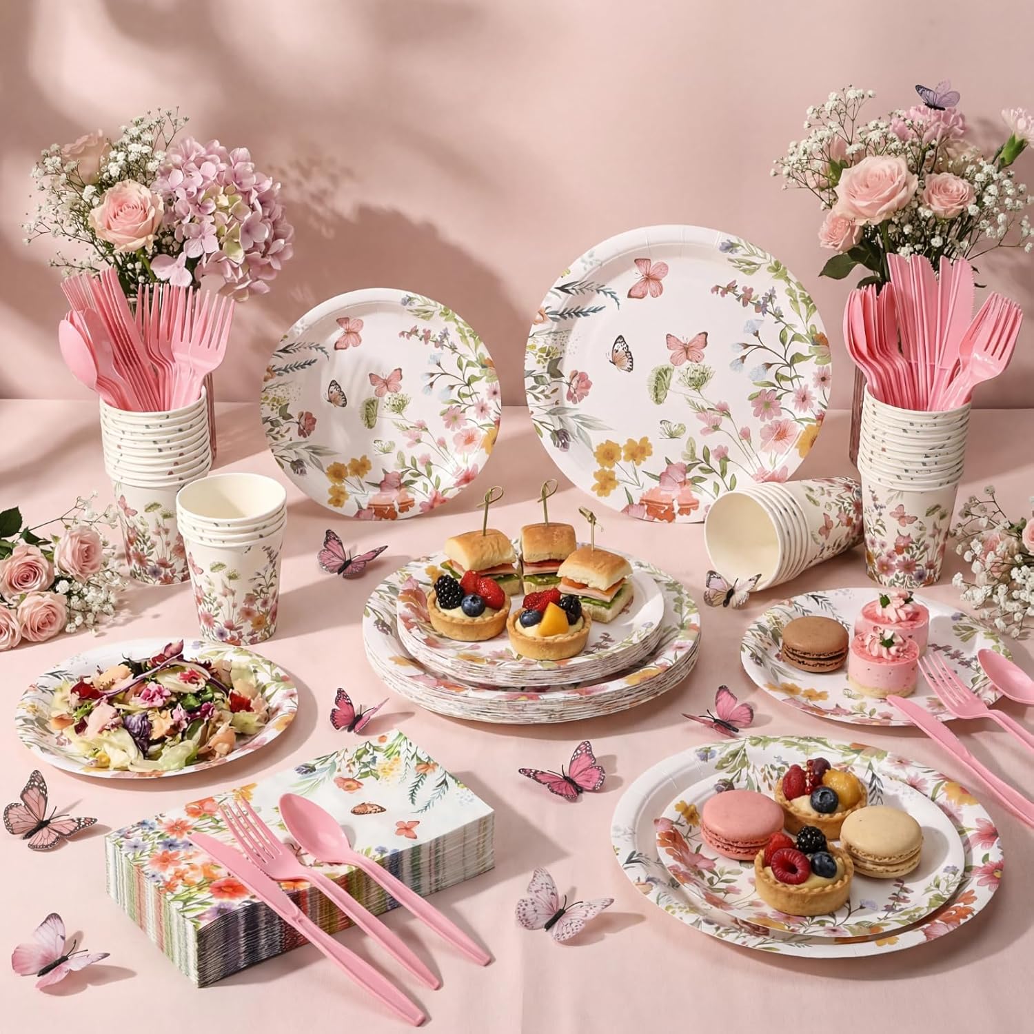 Sinmoe 400 Pcs Spring Plates and Napkins Set Paper Flower Dinnerware Disposable Party Supplies for 50 Guest Dinnerware Knife Fork Spoon for Spring Birthday Party (Pink,Floral)