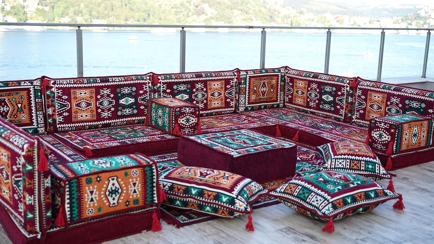 Premium U Shaped Arabic Sofa Set, Maroon Floor Cushions, Arabic Seating Floor Sofa, Backrests, Moroccan Sofas, Arabic Majlis (U Sofa Full Set)
