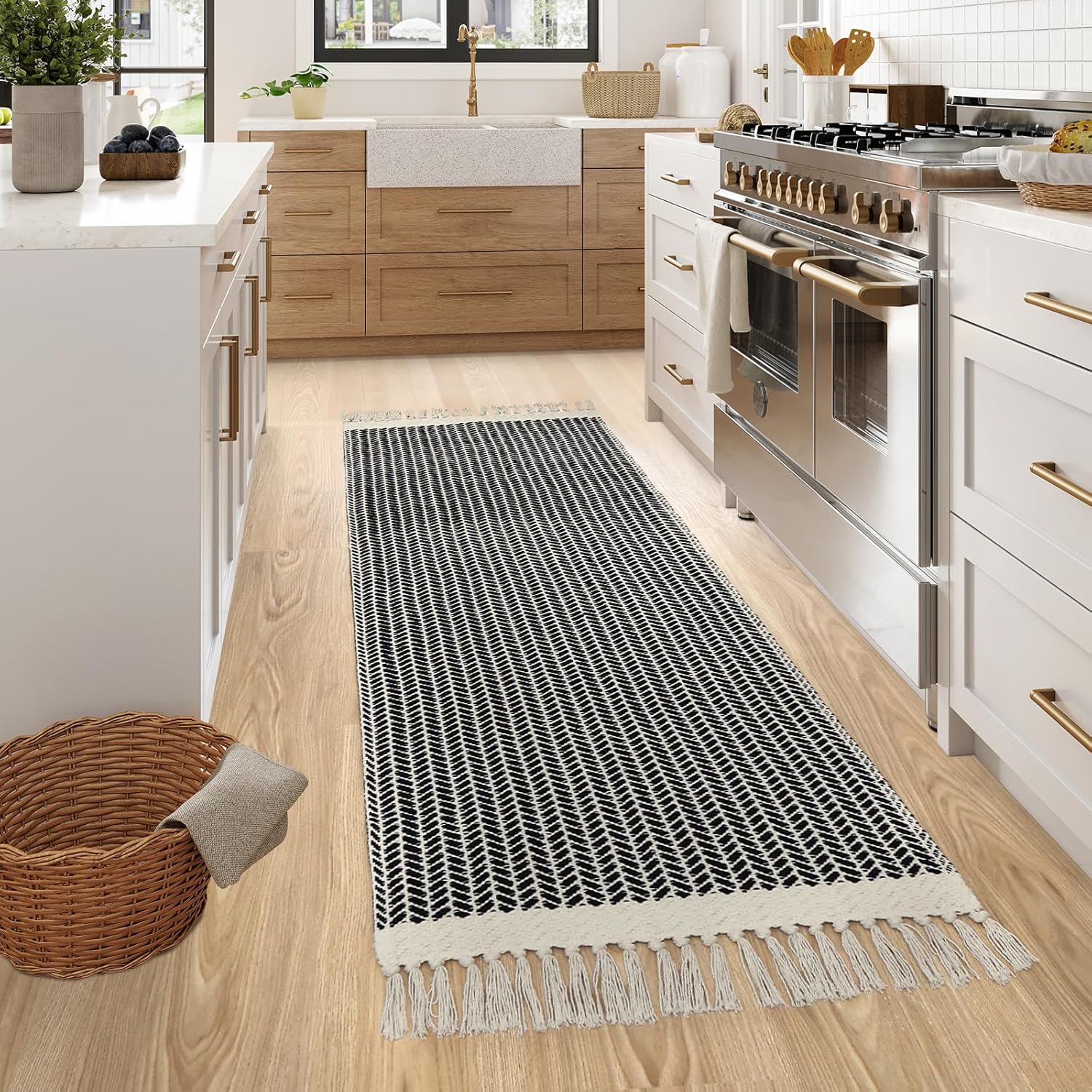 Lahome Belle Boho Hallway Runner Rug, 2x6 Laundry Room Lightweight Entry Woven Cotton Throw Mat with Tassels, Farmhouse Non Shedding Washable Black Low Pile Runner for Kitchen Bathroom